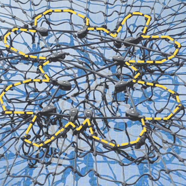 Pulley String (Shown in Yellow to Identify) Tied into Pulleys to create a Net Central Tensioning System